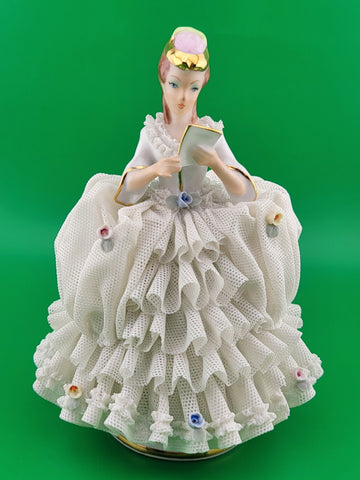 Antique German Dresden Handcrafted Porcelain Lady Figurines by Reine Handarbeit.