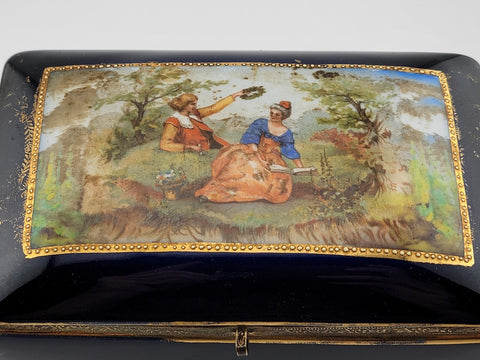 19 Century Germany Ornate Cobalt Blue Hand Painted 22K Gold Trinket/ Jewelry Box