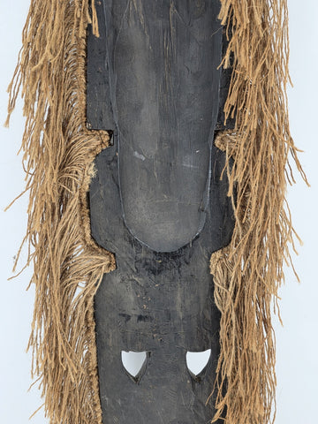 Vintage 40” West African Hand Carved Wood Mask Raffia Fringe Tribal Wall Art