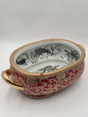 Antique XL Chinese handpainted Red porcelain 24kt gold Oval Footbath, Jardiniere