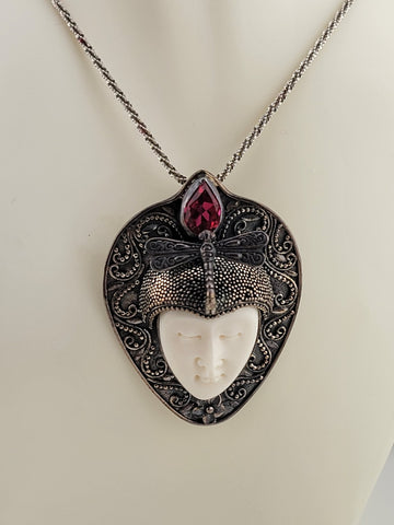Sterling Silver Bali Goddess Moon Face Ruby Butterfly Pendant, Ring, Necklace