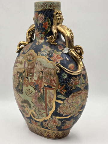 Vintage Royal Satsuma Moon Flask Bottle Vase Gold Gilt Dragon Handles Large 14"