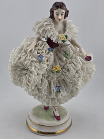 Antique Dresden Lace Porcelain Figurine Lady Dancer Flowers Germany MZ Crown 7”