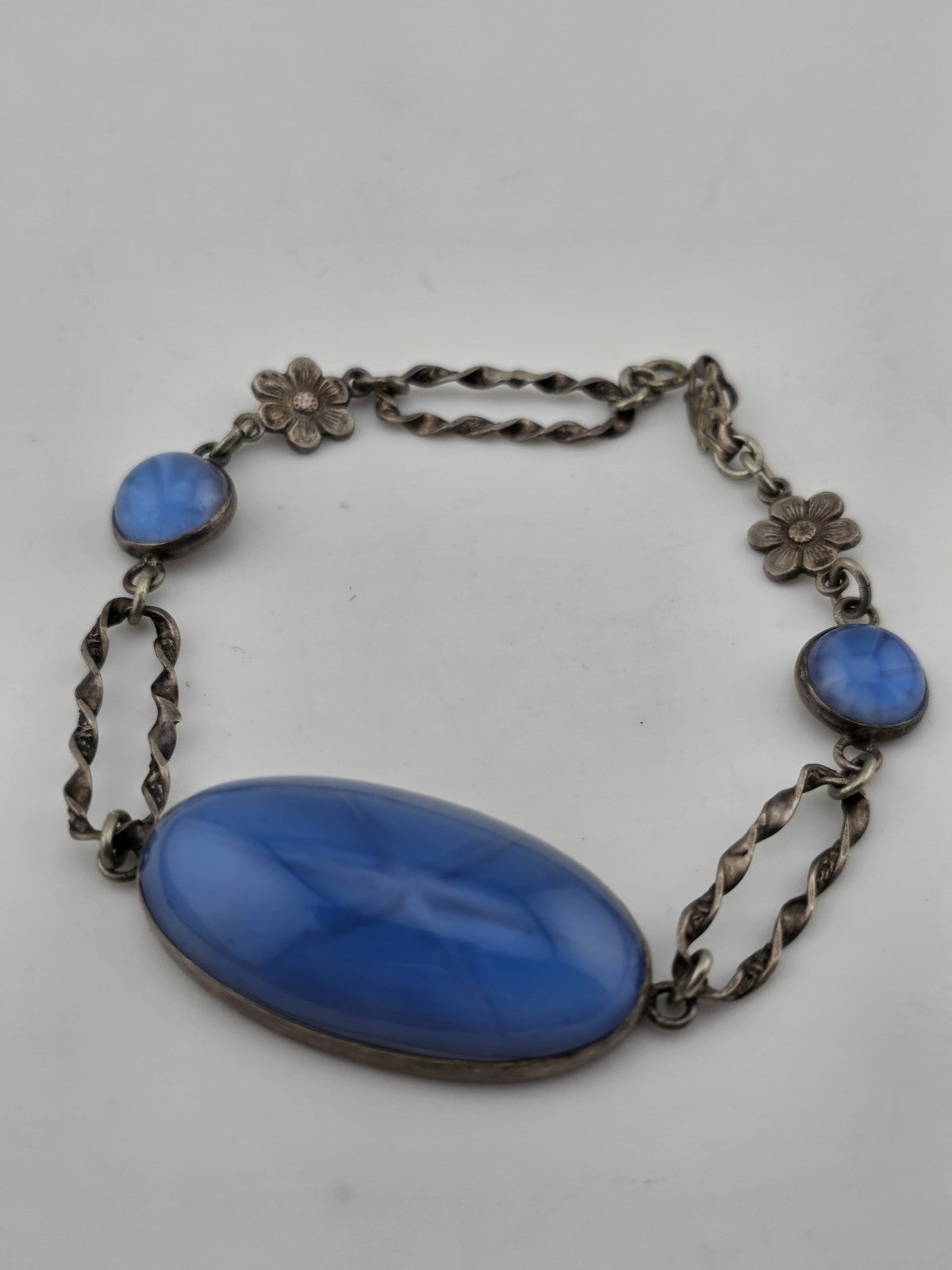 Vintage Gorgeous Art Deco Sterling Silver Faux Star Sapphire  Glass Bracelet