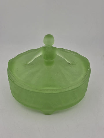 Antique Victorian Lady Uranium Vaseline Glass Trinket Powder Jar Box With Lid
