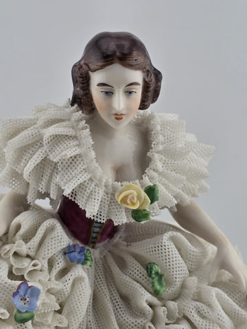 Antique Dresden Lace Porcelain Figurine Lady Dancer Flowers Germany MZ Crown 7”