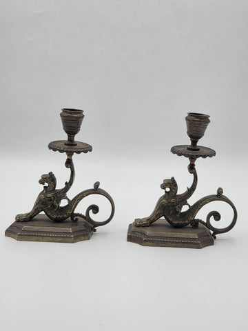 Antique Pair Solid Bronze Griffin Candlesticks Renaissance Revival Winged Lions