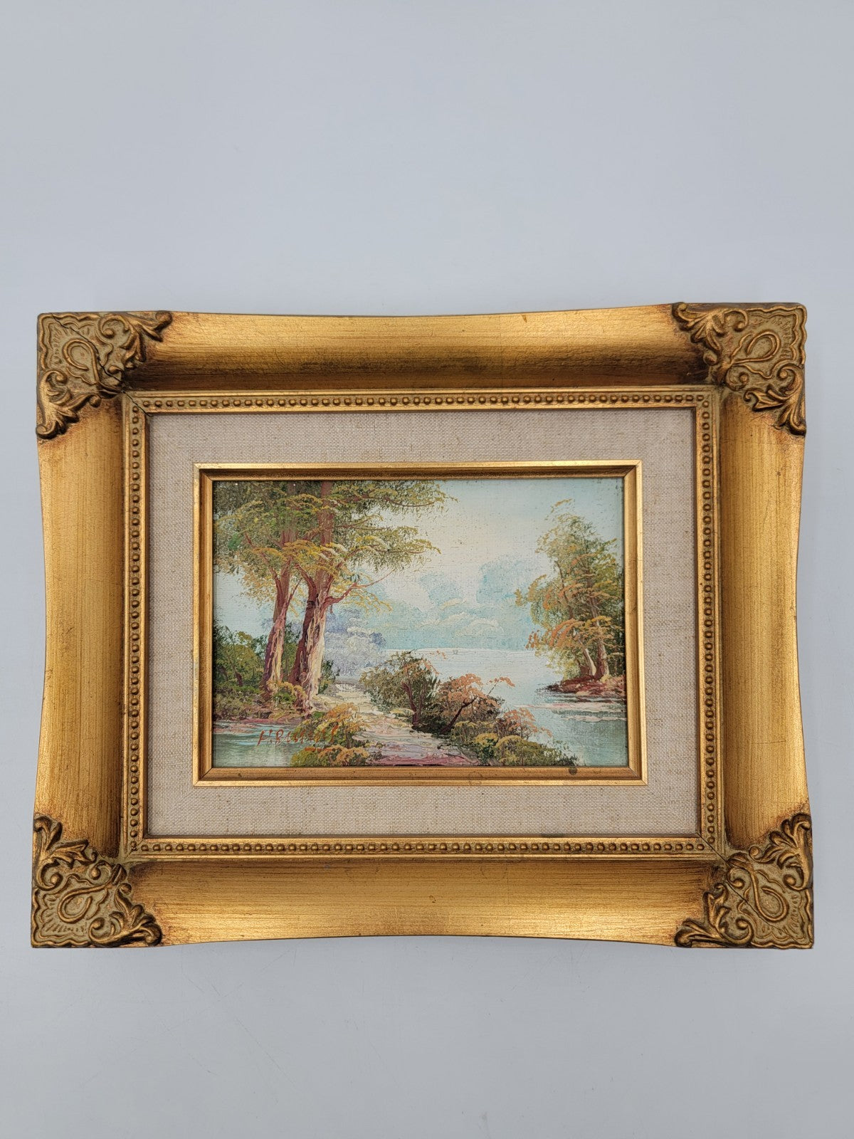 Vintage Mid-century Small Landscape Painting In Gold Wooden Frame. Artist Signed