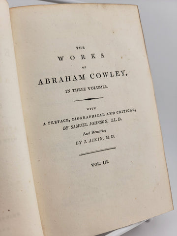 Rare Antique Manuscript 1802 Works of Cowley Davide. Works Of The English Poets.