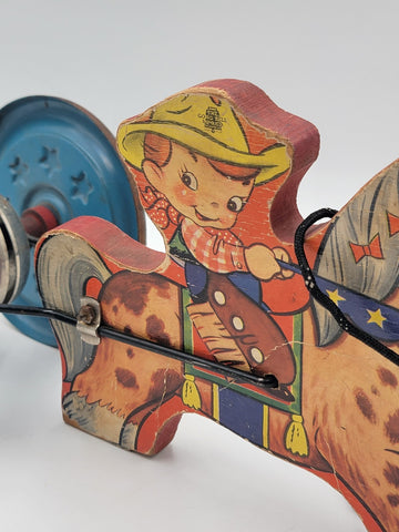 1940'S PULL TOY COWBOY ON HORSE Wood Metal Wheels Gong Bell Mfg.Co.