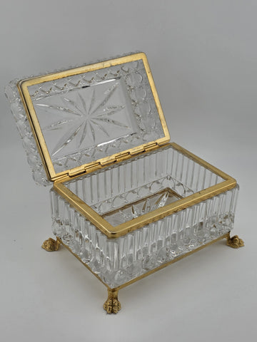 French Baccarat Style Jewelry Casket Footed Box Heavy Crystal Glass Hinged Lid