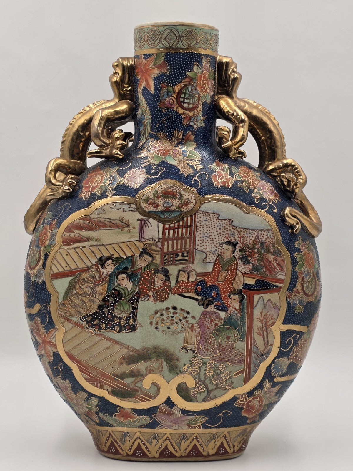 Vintage Royal Satsuma Moon Flask Bottle Vase Gold Gilt Dragon Handles Large 14"