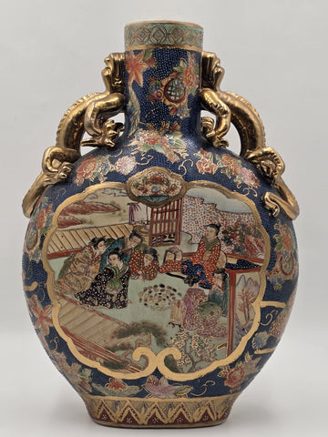 Vintage Royal Satsuma Moon Flask Bottle Vase Gold Gilt Dragon Handles Large 14"