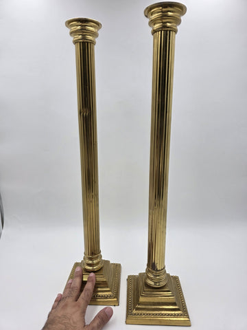Pair Antique Monumental Brass Fluted Column Candlestick Neoclassical Regency 22”