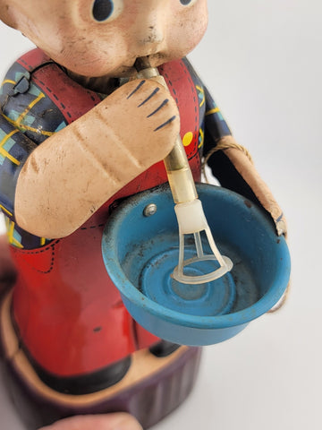 1960'S MICHANICAL WIND-UP BUBBLE BLOWER BOY TIN LITHO MARUSAN JAPAN TOY Untested