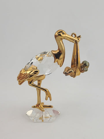 Rare Swarovski Crystal Stork Baby Figurine Gold Tone New Arrival Maternity Gift
