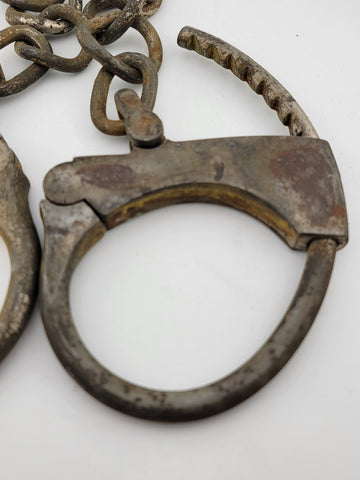 Rare Antique Late 19th C Pair Of Original Mattatuck Co. USA Handcuffs. No Key.