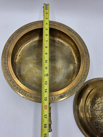 Antique Chinese Brass Dragon Handle Lidded Tureen Qing Hot Pot with Foo Dog Lid