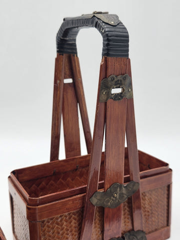 Antique Japanese Meiji Bamboo Picnic Basket Bento Box Woven Basket Complete Case