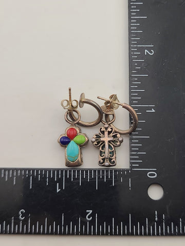 Rare OOAK Sterling Silver Southwestern Inlay Cross Dangle Hoop Earrings 925
