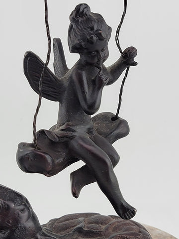 Antique Bronze Statue After Moreau Angel Swinging from Tree On A Marble Base.
