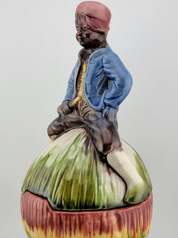 Rare African Boy Horn Blower Vintage Majolica Pottery Candy Dish/ Cookie Jar