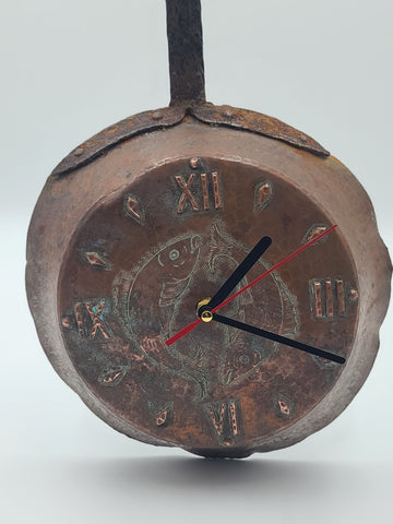 Antique Copper and Wrought Iron Frying Pan Shaped Clock - New Movement. Works