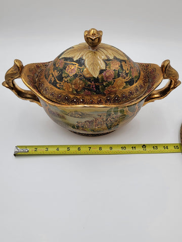 Vintage Satsuma Hand Painted Gold Gilded Bowl Urn Compote W Lid Fritz. Extra Lid
