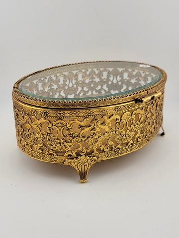 Vintage 1950s Hollywood Regency Ormolu Jewelry Casket Beveled Glass Filigree Box
