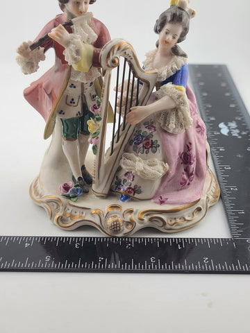 Antique Sitzendorf Germany Porcelain Musical Couple Figurine Lace Harp Flute