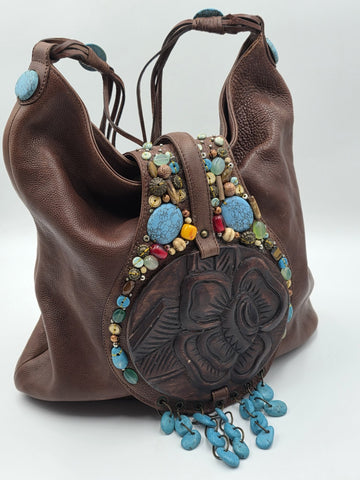 Vintage Cole Haan G Series Brown Leather Native American Style Large Hobo Bag