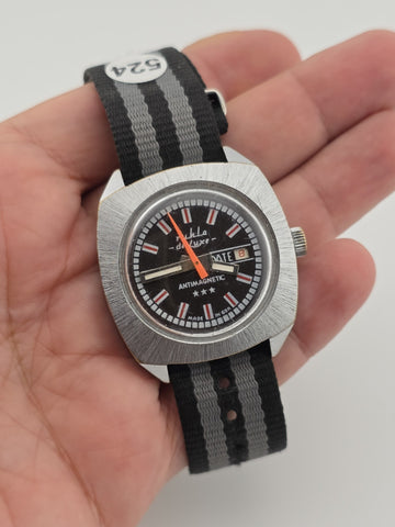 1970 German Ruhla De Luxe GDR Mechanical Day Date 37mm Cushion Case Watch Works