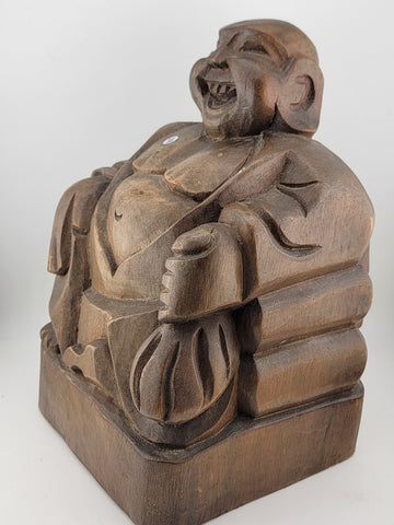 Vintage Large Hand Carved Solid Wooden LAUGHING BUDDHA Holding Bag Of Money 10”