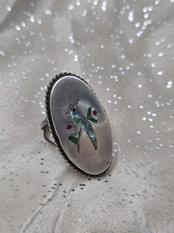 VTG  TAXCO M-5 MEXICO STERLING SILVER RING WITH BIRD INLAY MULTI COLOR STONES