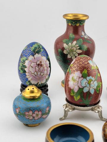 Gorgeous Assortment Of Mid Century  Cloisonne Including Eggs, Vase & Shakers