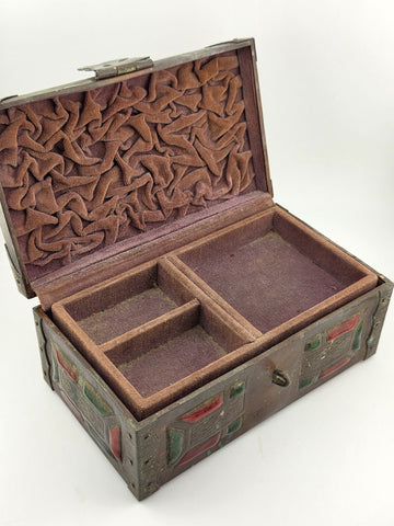 RARE ANTIQUE JAPANESE COPPER  BRASS-BOUND JEWELRY BOX W RAISED ENAMEL DECO MEIJI