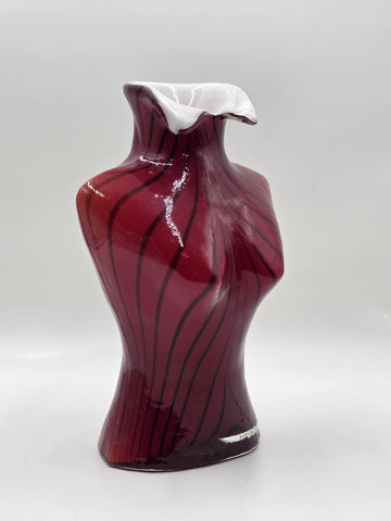 Vintage Murano Style Large Glass Vase Woman's Torso Red & Black W/ White Casing