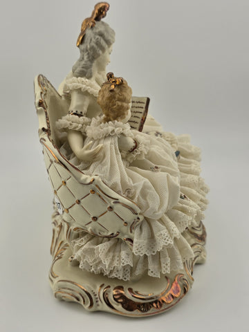 Large Dresden Art Germany Lace Porcelain Figurine Lady w Children W Sofa Reading