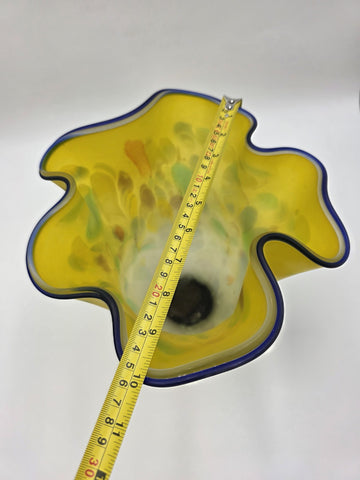 Vtg Azerbaijan Handblown Art Glass Vase Yellow Freeform Cobalt Rim Studio 11.5in