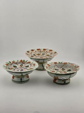 Set Of 3 Chinese 1800's Qing Dynasty Hand Painted Mandarin Rose Porcelain Dishes