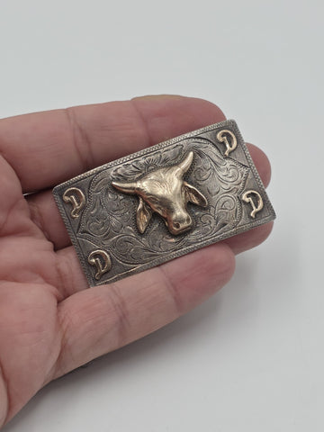 Nelson Co Sterling Silver 10K Solid Gold Bull Head Western Belt Buckle Engraved.