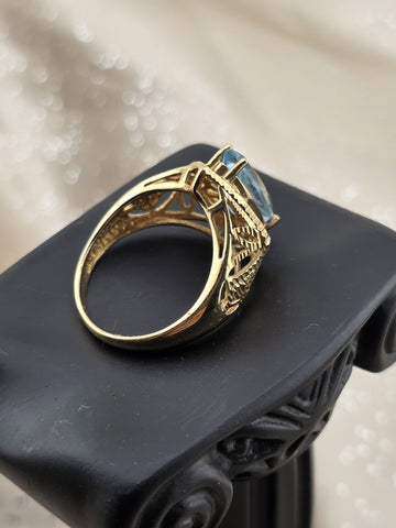 Antique 14K Solid Gold Blue Topaz Marquise Ring Filigree Estate Size 8 W Box.