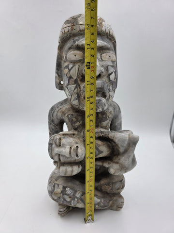 Antique Large Mayan Aztec Style Stone Sculpture Tribal Figure Inlay 15” Statue