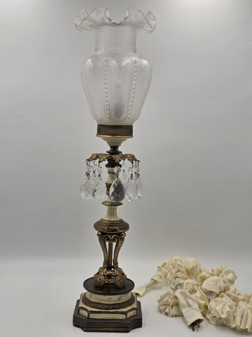 Antique Victorian Converted Table Lamp Etched Glass Shade Prism Drops 24"