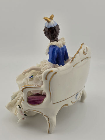 Vintage Sitzendorf Germany Lace Porcelain Lady Figurine Sofa Crown Mark. Read.