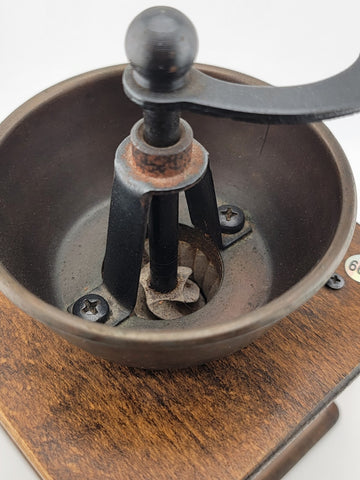 Rare DE Vintage European Manual Solid Wood Cast Iron Coffee Grinder With Drawer.