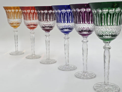 Gourgeous Set Of 6 Colorful Cut to Clear Crystal 8 3/4" Tall Hock Wine Glasses