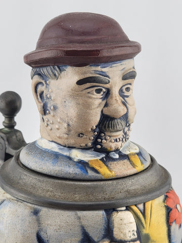 Rare Antique Westerwald Figuren-Bierkrug Lidded Beer stein Hikers With Grain