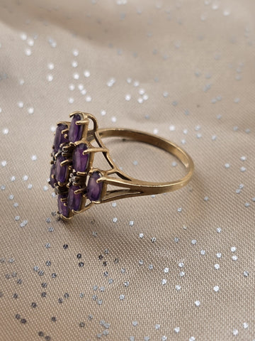 Antique 10K Solid Gold Amethyst Cluster Ring Diamond Accents Size 7.5 W Box.
