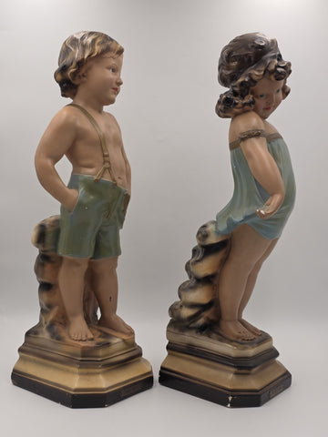 Paor huge 1920 French Art Deco Chalkware polychrome boy & girl figurine statues